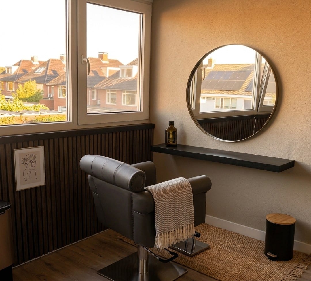 Kappersstoel bij het raam met een ronde spiegel in het avondlicht