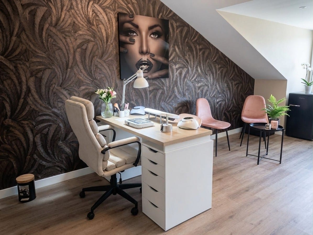 De nagelplek: een bureau met lamp tegen het bruine verenbehang, met roze fluwelen stoelen ernaast